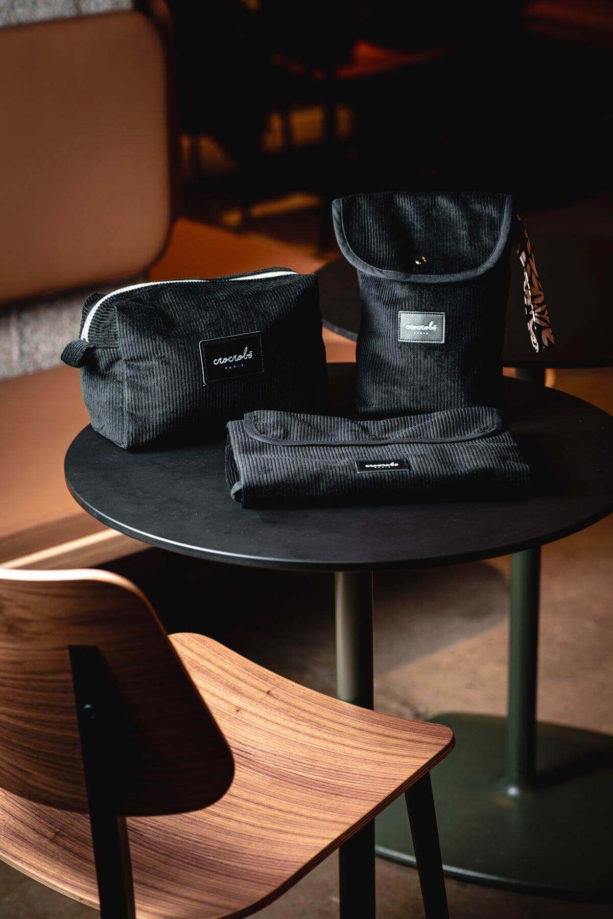 Pack trio accessoires pour sac à langer Noah - Velours noir - Crocrobo Paris